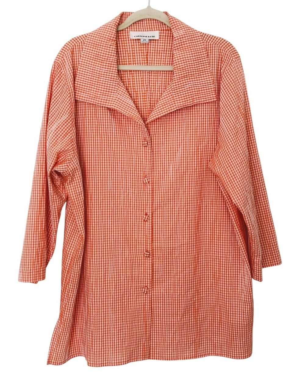Caroline Rose Orange Gingham Tunic Dress Size 2X Button Up Preppy Summer Retro
